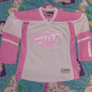 2008 Minnesota Wild Pink & White Glitter Logo Vintage Authentic Hockey Jersey